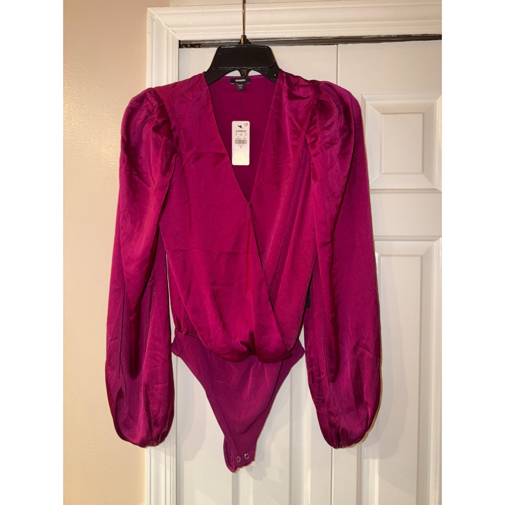 Express Magenta Satin Wrap Balloon Sleeve Bodysuit